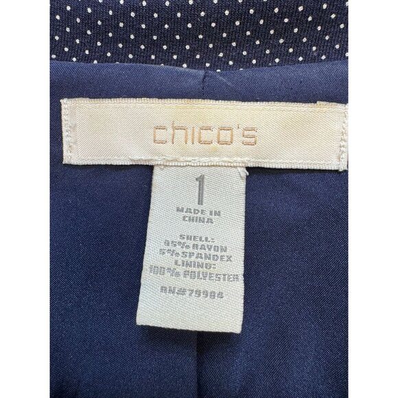 Chicos Womens Knit Polka Dot Blazer Size 1 (8/10)Navy White Blue Stretch - Picture 2 of 9